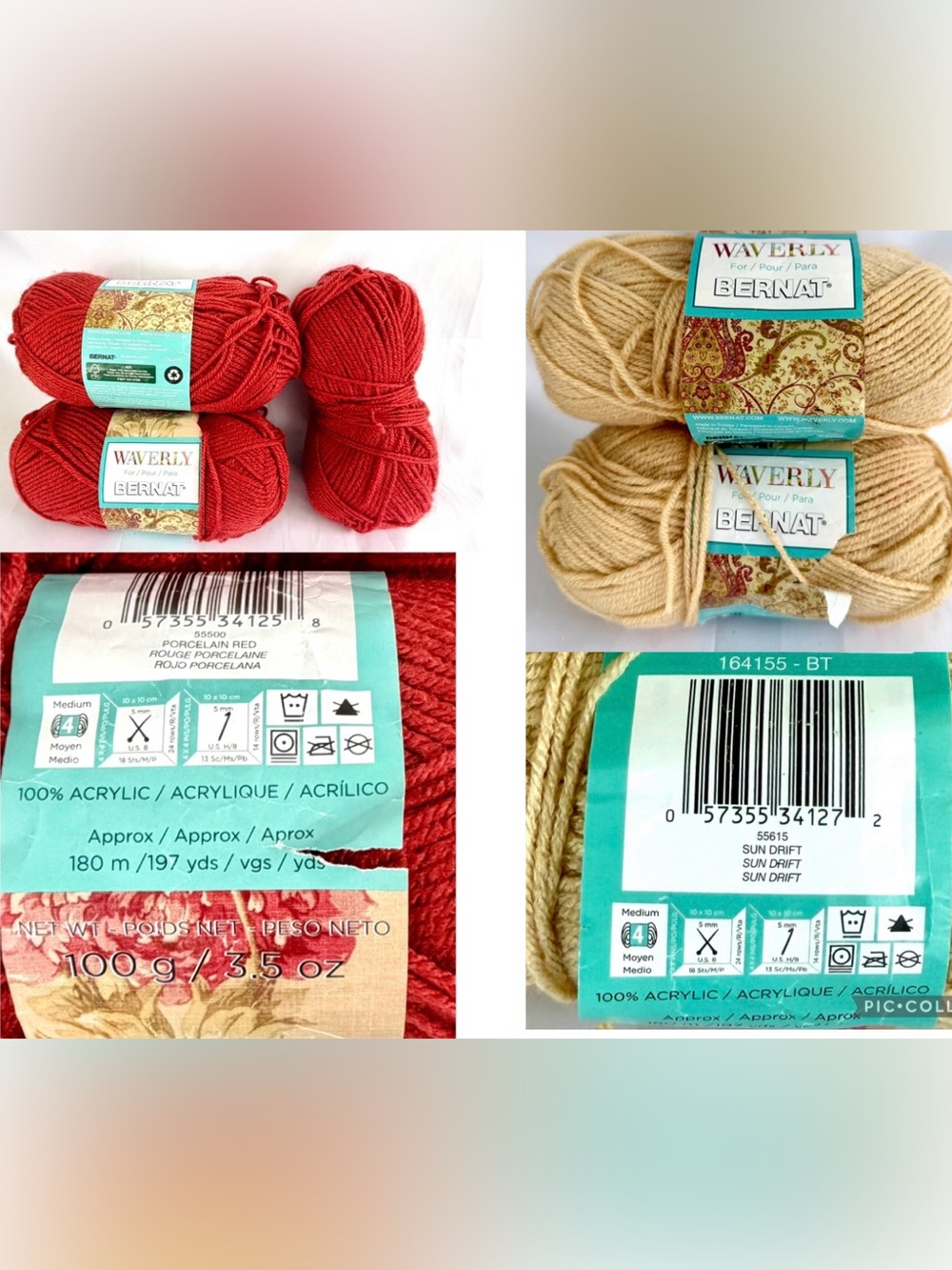 Bernat Waverly Yarn 2 Skeins Sun Drift & 3 Skeins Porcelain Red